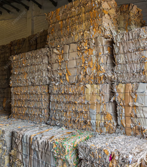 Estoque de fardos prensados de pvc reciclado e resíduos flexíveis armazenados em galpão industrial da Mega Plast