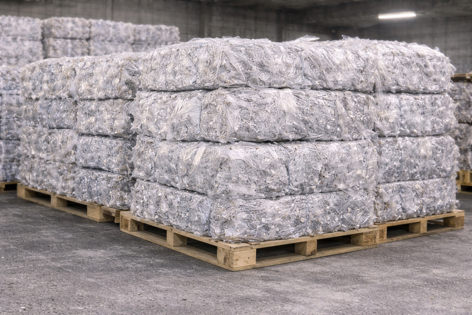 Fardos de aparas de PVC cristal flexível prensados e paletizados para reciclagem industrial Mega Plast.