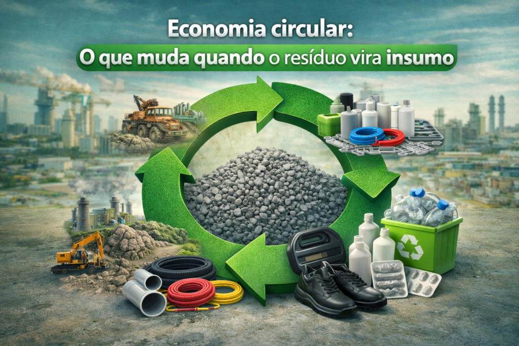 Economia circular: ilustração sobre como o resíduo vira insumo e retorna à cadeia produtiva em novos produtos reciclados