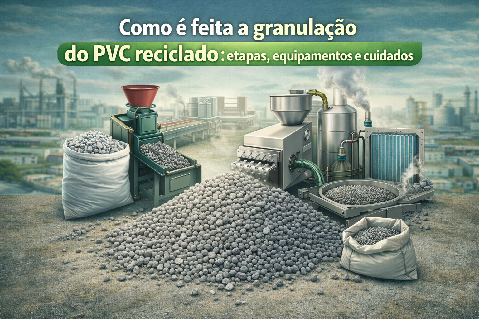 Ilustração da granulação do PVC reciclado mostrando etapas, equipamentos industriais e material granulado pronto para reaproveitamento