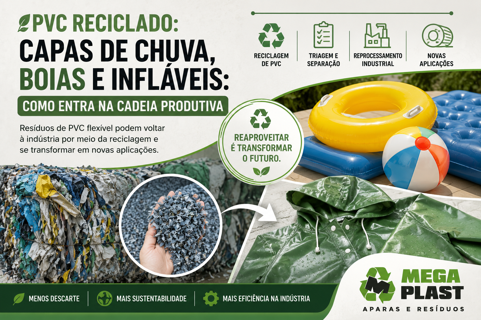 PVC reciclado na cadeia produtiva de capas de chuva, boias e produtos infláveis.