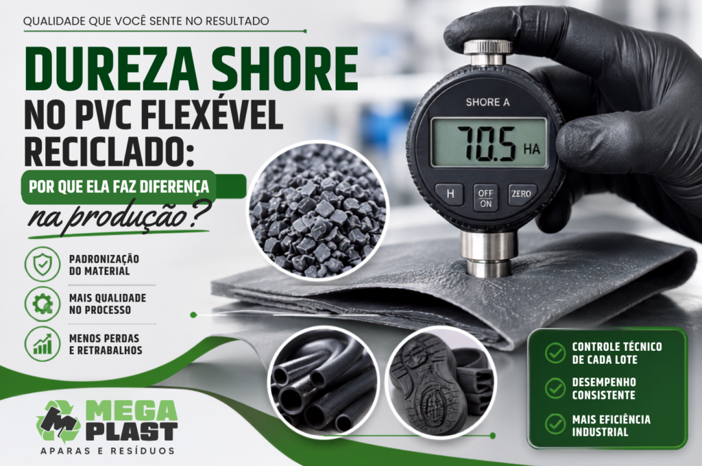 Medição da dureza Shore A em PVC flexível reciclado para controle de qualidade industrial.